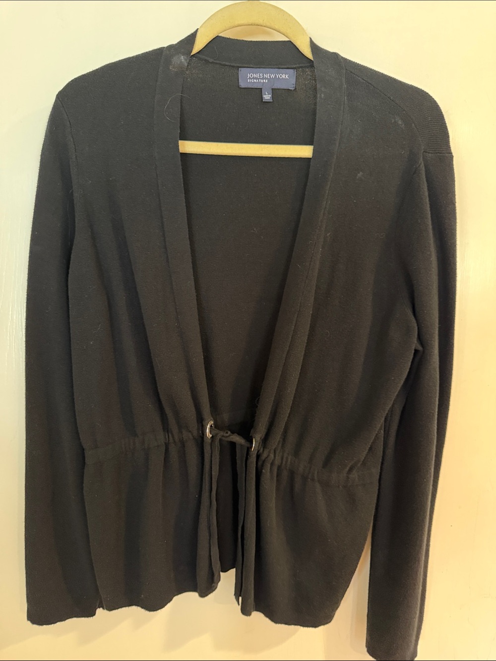 Jones New York Black Open-Front Drawstring Cardigan sz L Logo